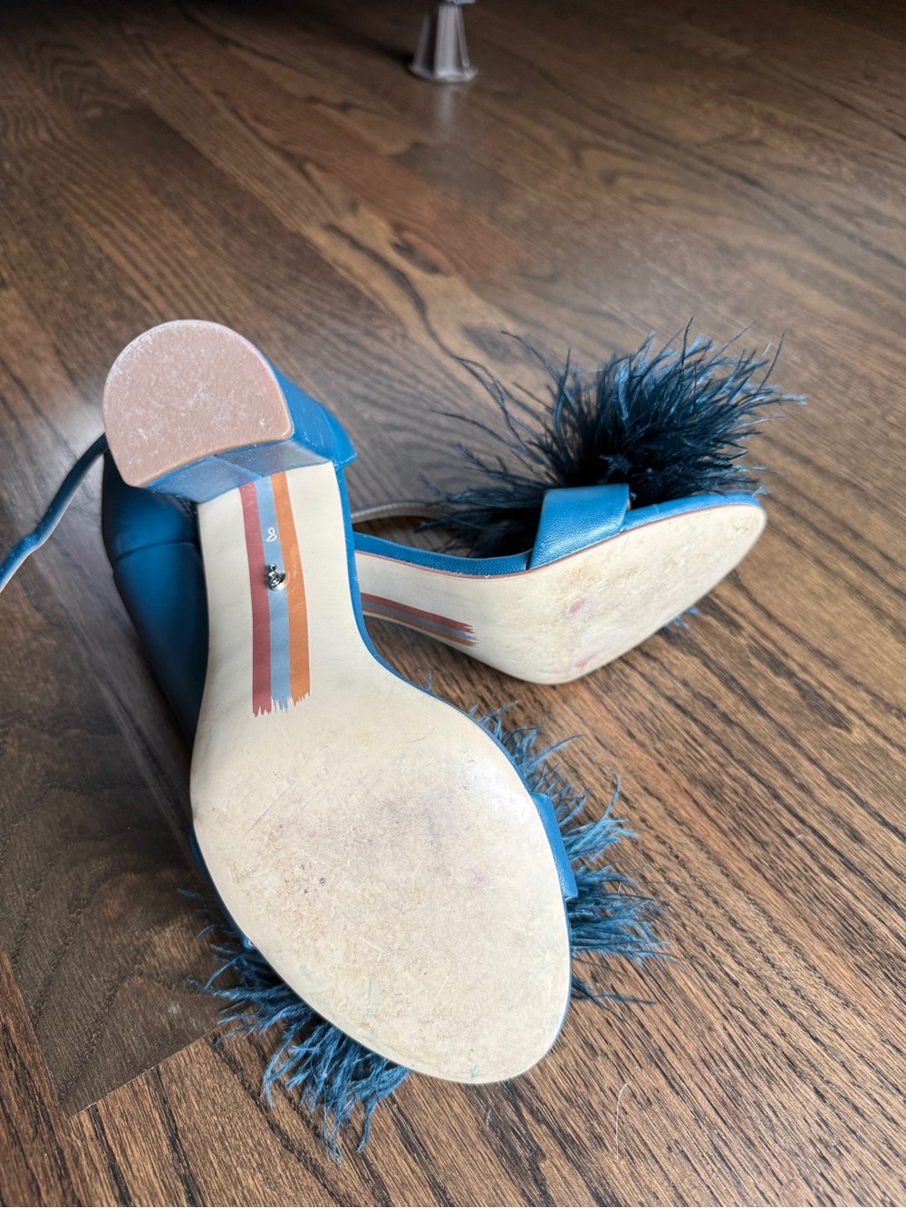 Sam Edelman Teal Feather Trim Yaro Block Heels - Picture 3 of 6